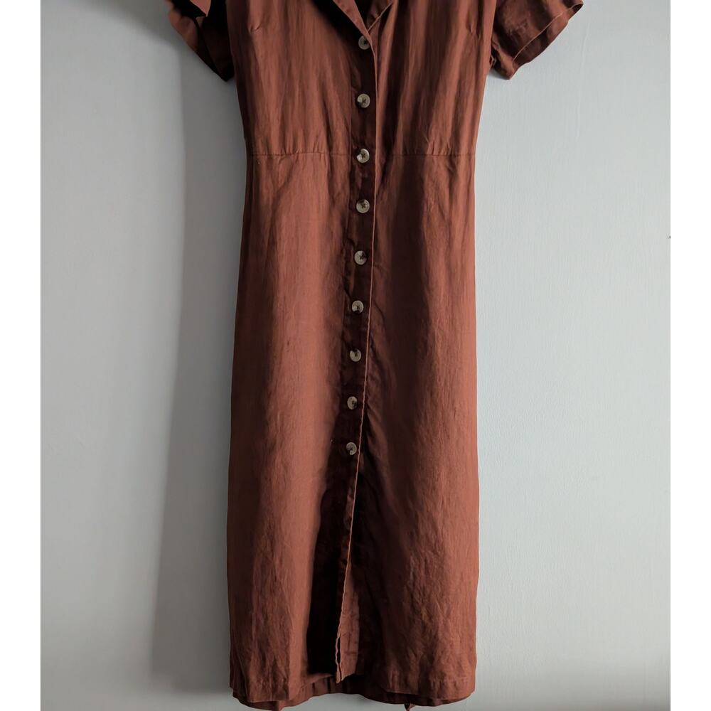 Quince 100% Linen Button Front Dress S Terracotta Rust Midi Pocket Notch Collar - Picture 4 of 16